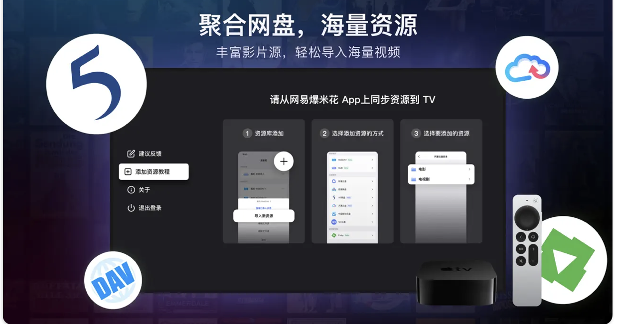 手机端添加资源并同步到 TV 的操作示意